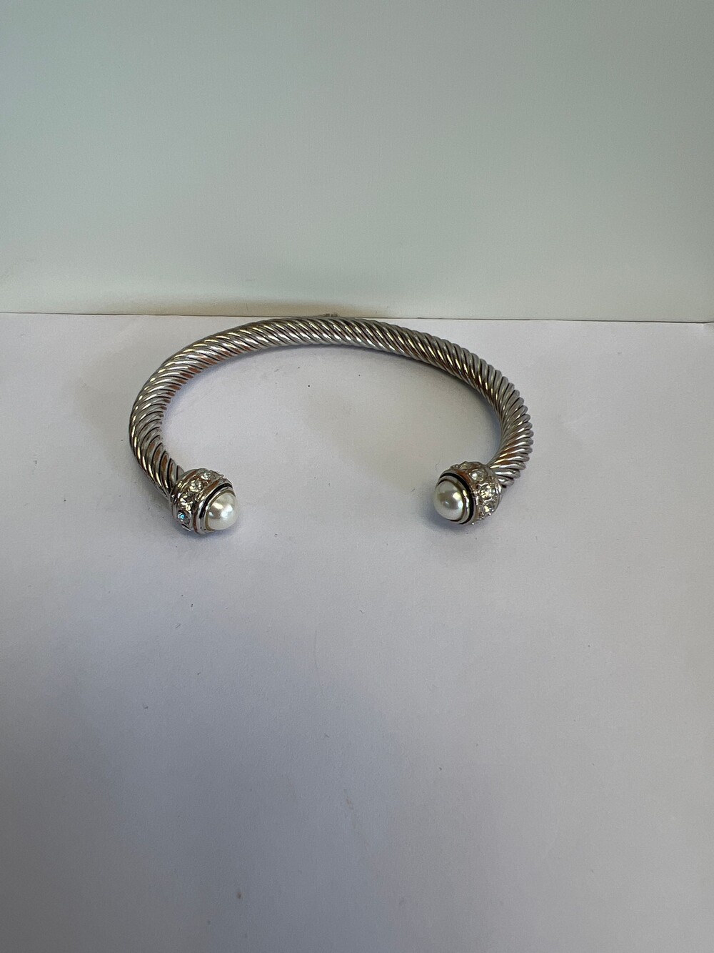 Silver-Tone Rhinestone Pearl Cuff Bracelet Twisted Open End Bangle